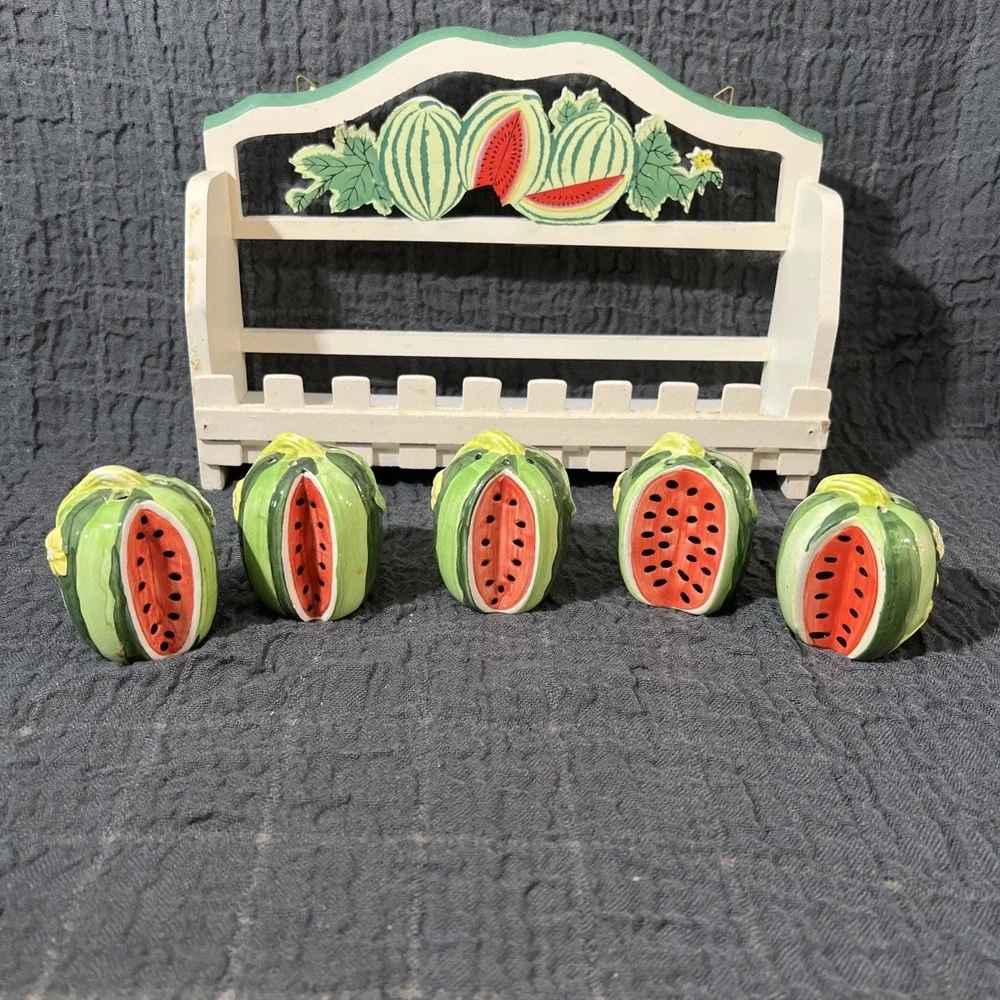 Vintage Wooden Spice Rack with 5 Ceramic Bottles Watermelon‎ Shaped